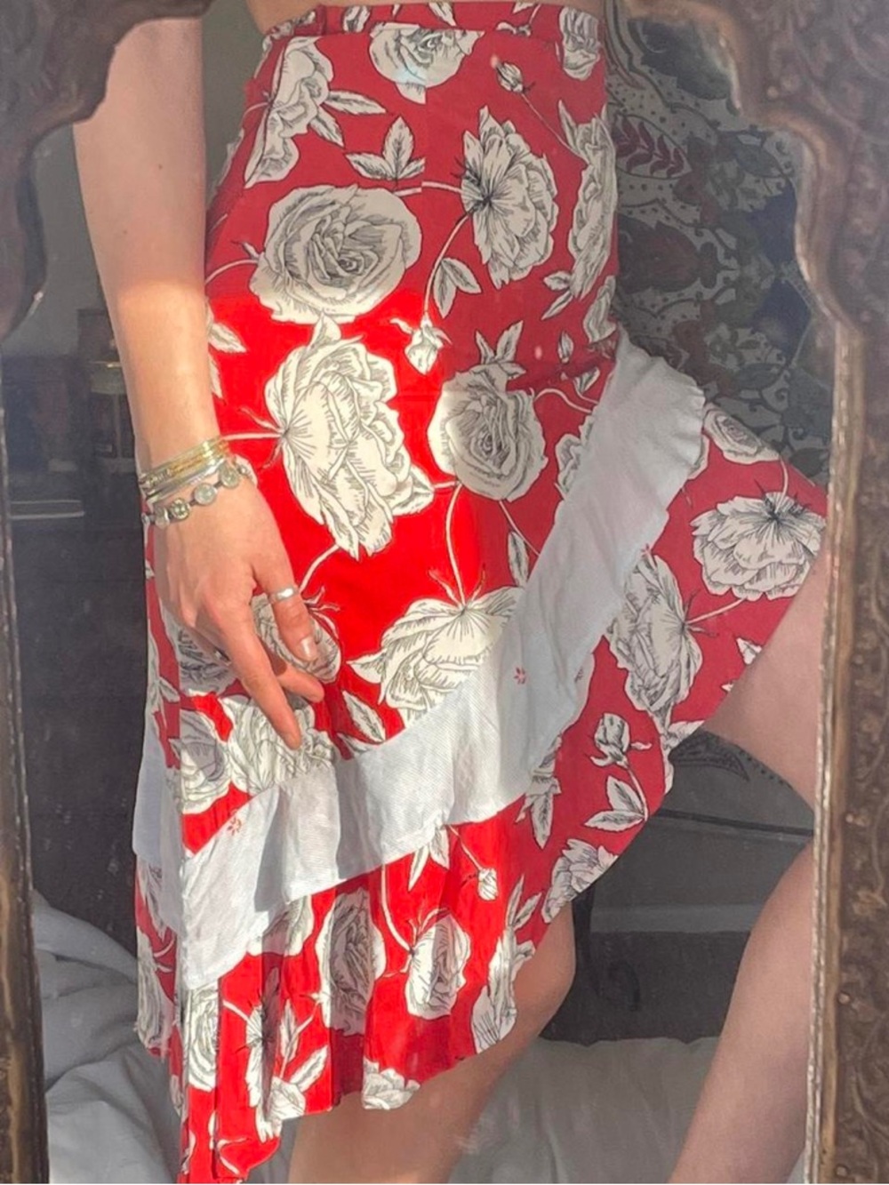 Jaase Red Floral Ruffle Skirt with White Floral Print